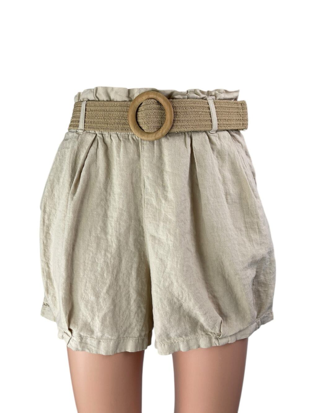 Zara Women's Beige High Waisted Belted Wide Leg Paper bag Mini Shorts Size XS